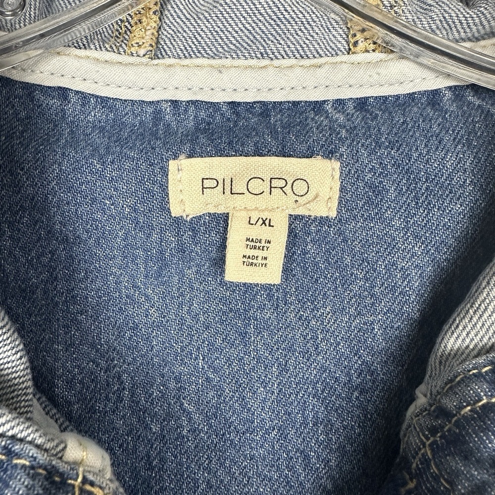 Pilcro Antropologie Denim Pullover Top Jacket Hooded Women's L/XL Pockets Snap - Picture 8 of 13